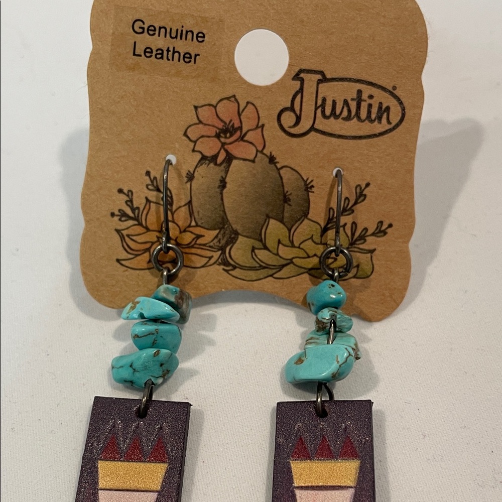 Justin Boots Genuine Leather Earrings with Turquoise Accents - Picture 3 of 3